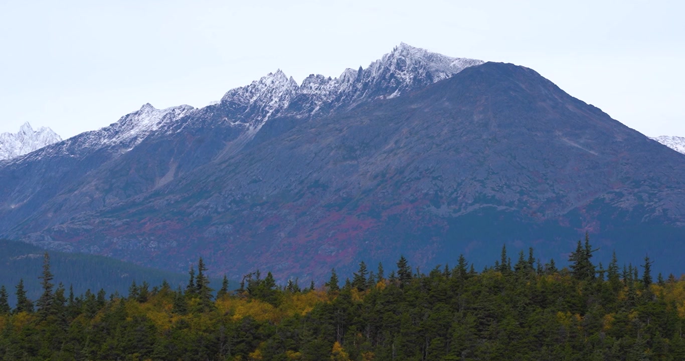 Cima di montagna innevata a Skagway, Alaska, durante l'autunno.