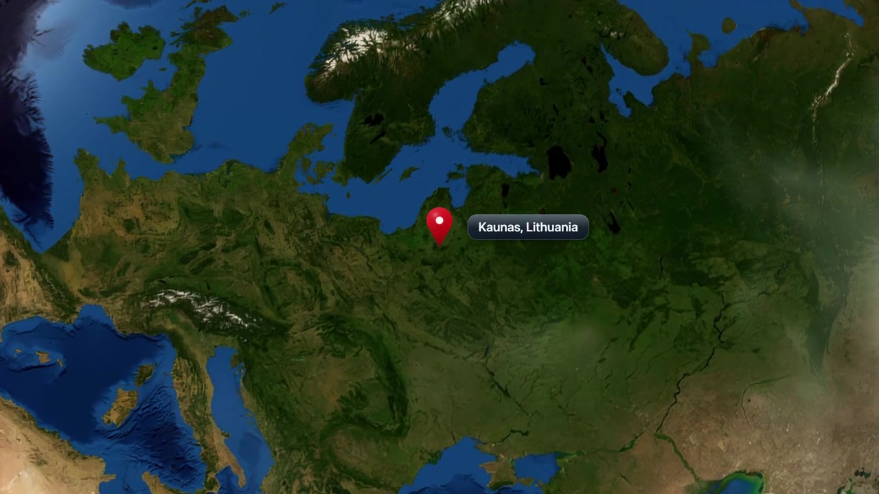 3D animated camera zooms from spinning Earth globe in space down to Kaunas, Lithuania. Includes NASA public domain imagery.