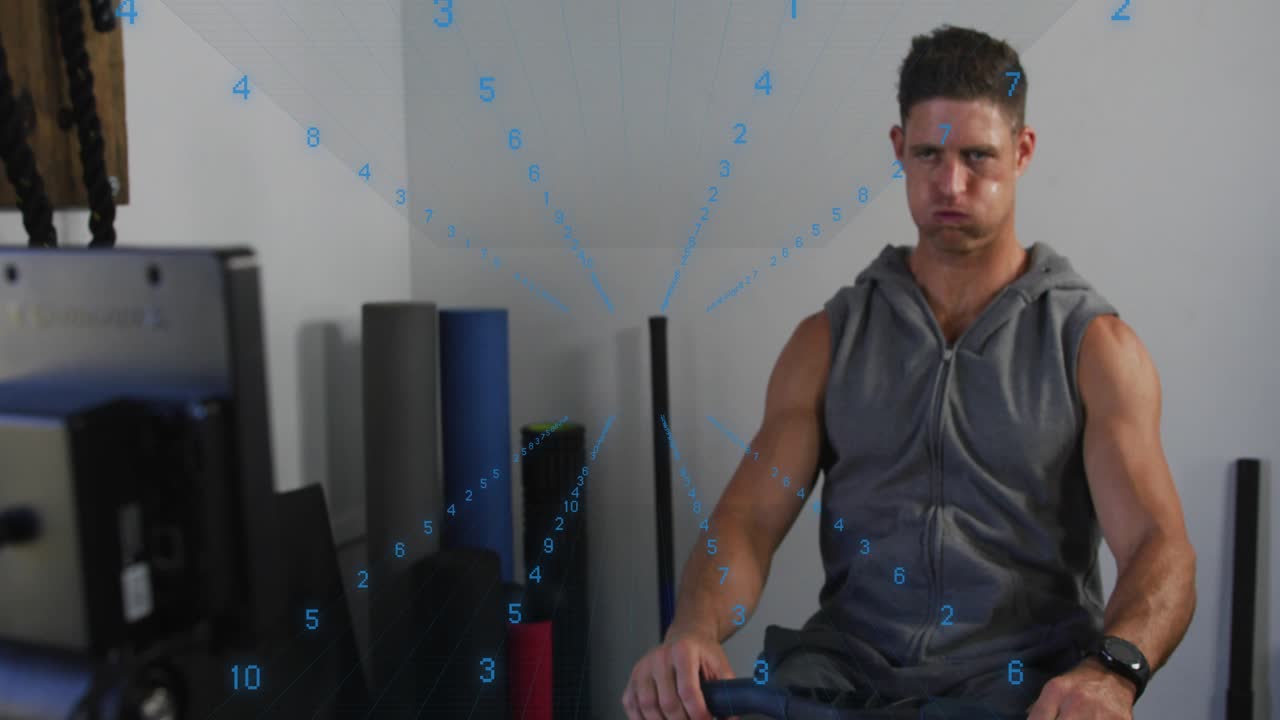 Man performing steady rowing strokes in home fitness room, following display's blue numeric overlay