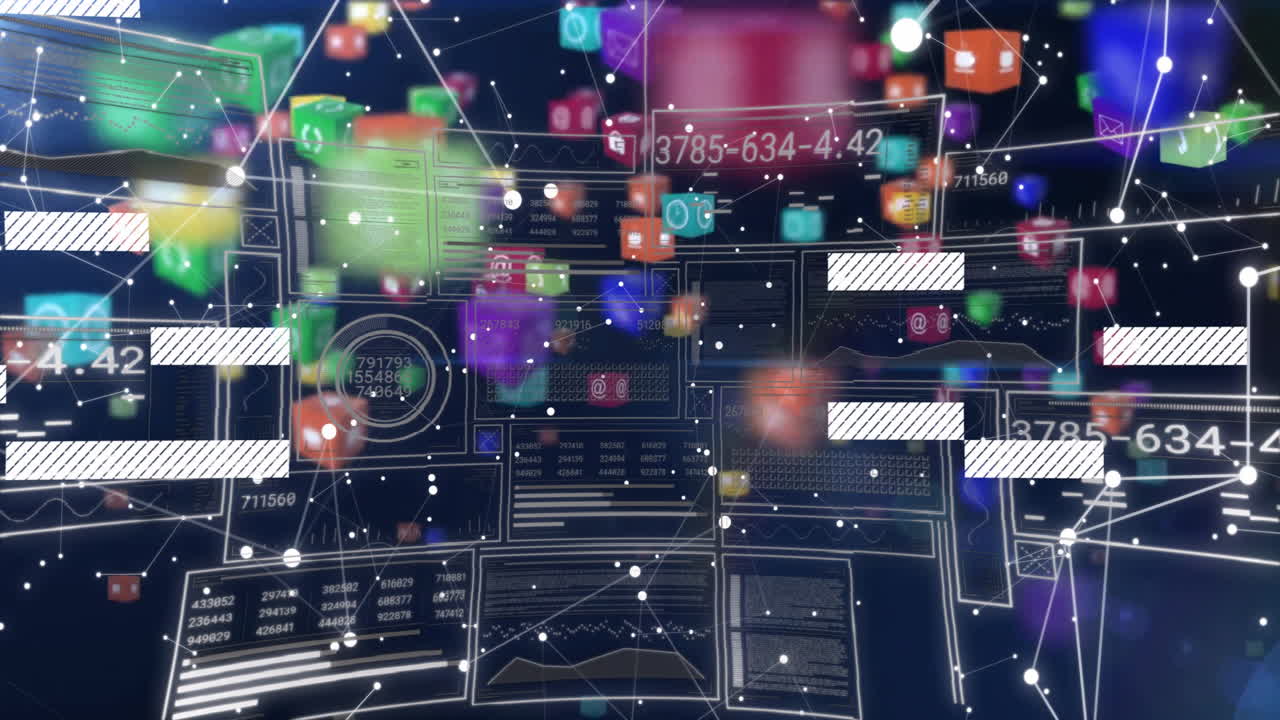 Floating animation of colorful digital data icons over futuristic network interface