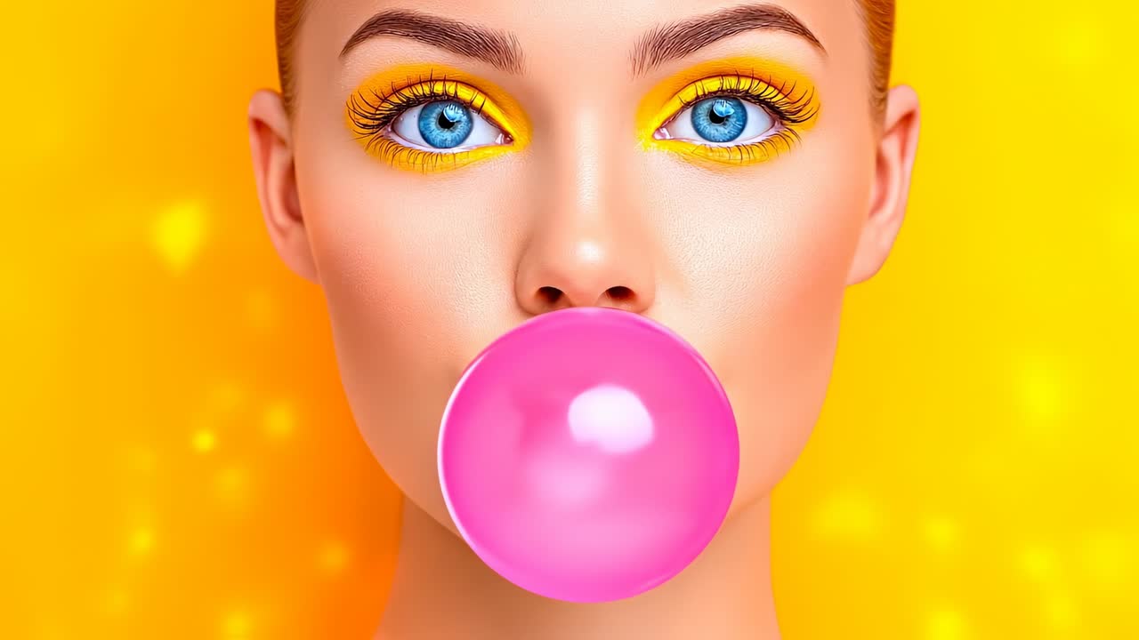 Ritratto di una donna con trucco giallo che soffia una gomma da masticare. Primo piano di un volto femminile con ombretto giallo vibrante e mascara che soffia una grande bolla di gomma rosa