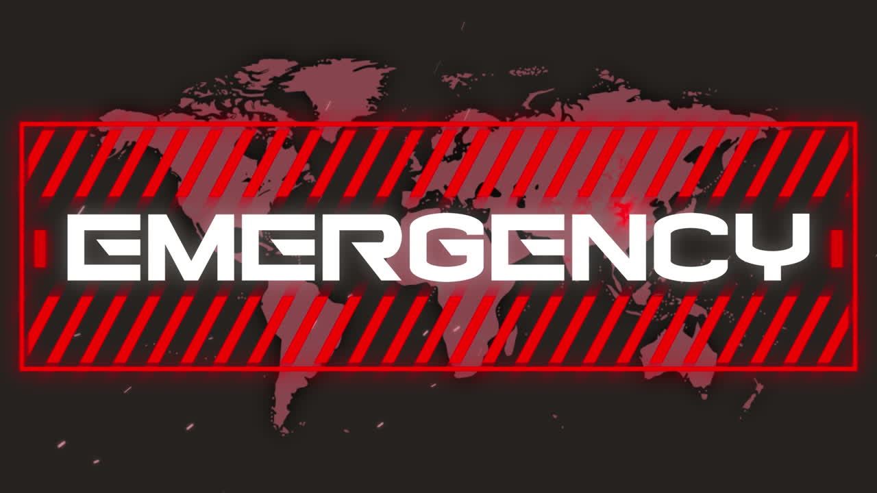 Animazione del testo di emergenza COVID-19 e cornice rossa su mappa del mondo