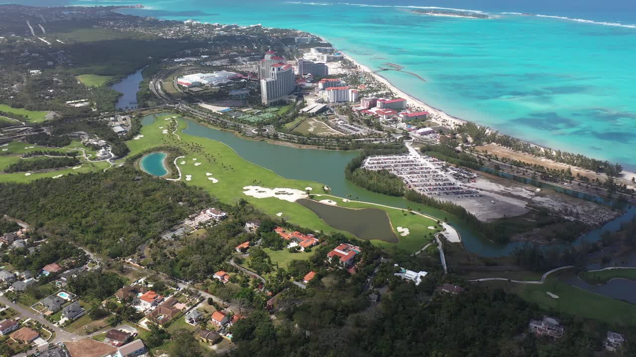 Bahamas, Nassau, Goodman Bay, Drone Aerial View of Tropical Resort, Beach and Waterfront