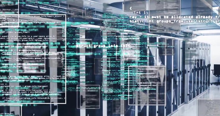 3D-rendered server racks lining corridor, glass cabinets glowing, code windows floating overhead