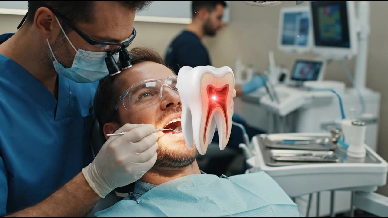 Dentist Examining Patient with Augmented Reality Tooth Model