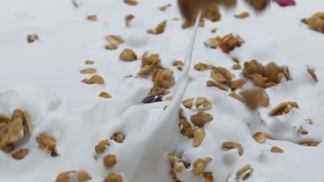 sliced fruits natural granola adding into sour cream super slow motion closeup.