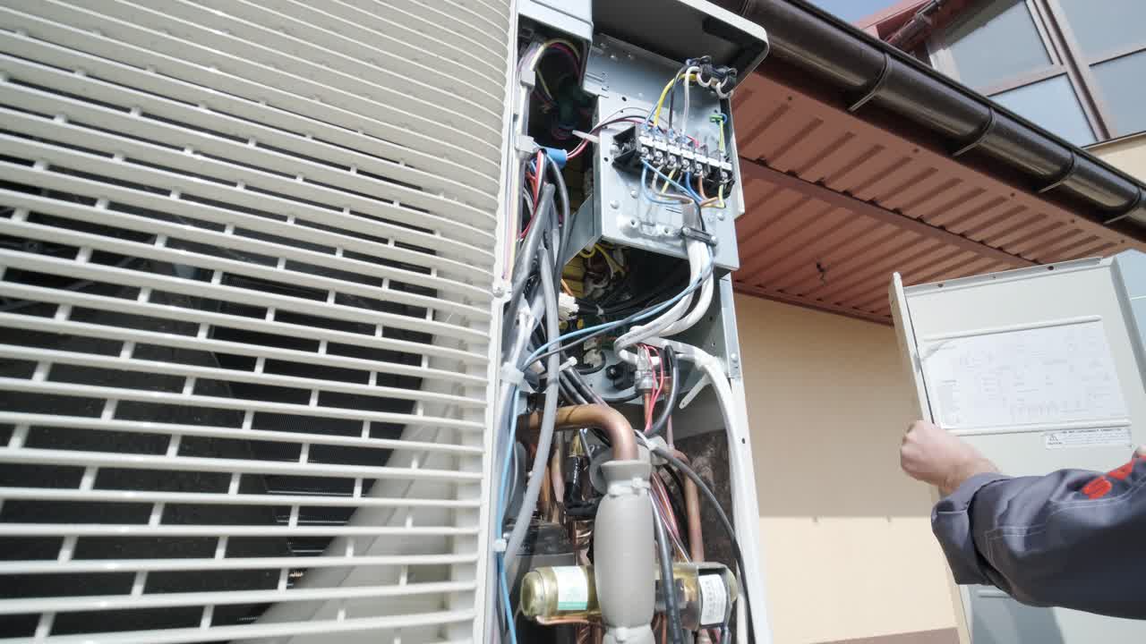 técnico de hvac instala sistemas de calefacción, ventilación y aire acondicionado. bomba de calor