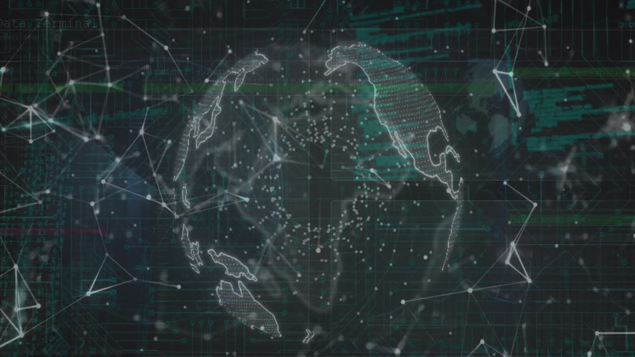 Animation of network of connections and data processing over globe