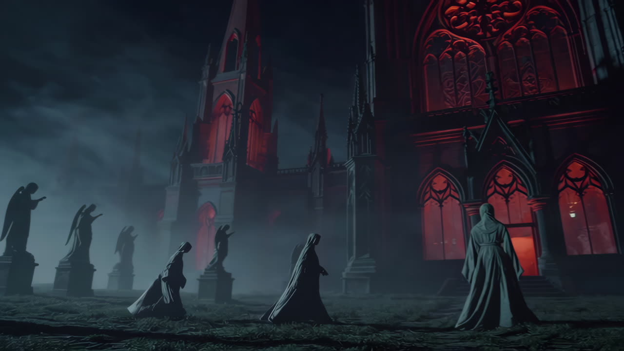 Figure ammantate e statue angeliche davanti a una cattedrale gotica illuminata di rosso