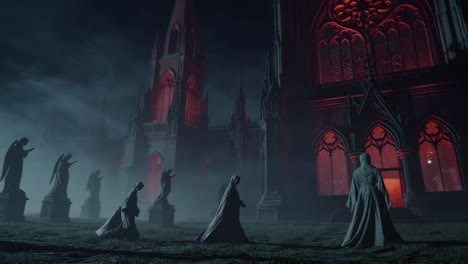 cloaked figures and angelic statues before a red-lit gothic cathedral