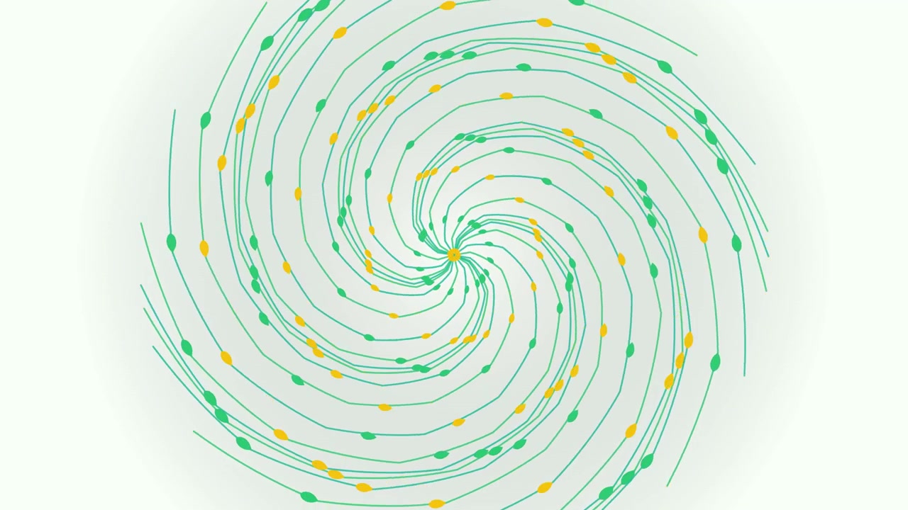 Animazione astratta di linee a spirale verdi e gialle rotanti