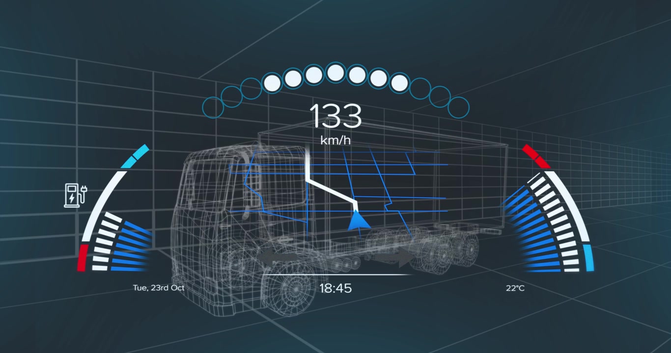 Animação de processamento de dados e rede de conexões sobre um modelo de carro.