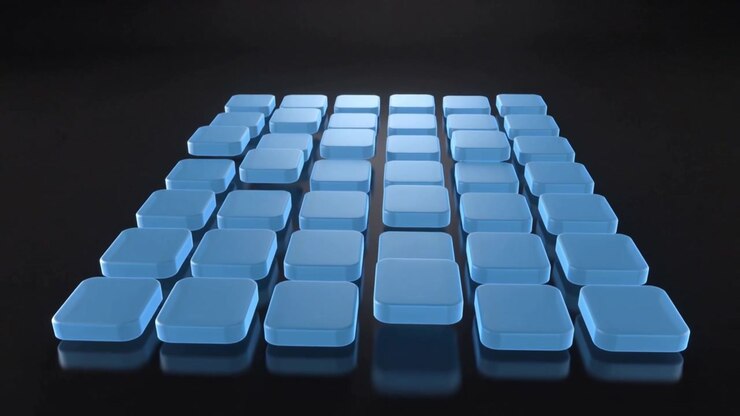 Pulling back camera revealing glossy light-blue tiles rising and forming grid on dark shiny floor