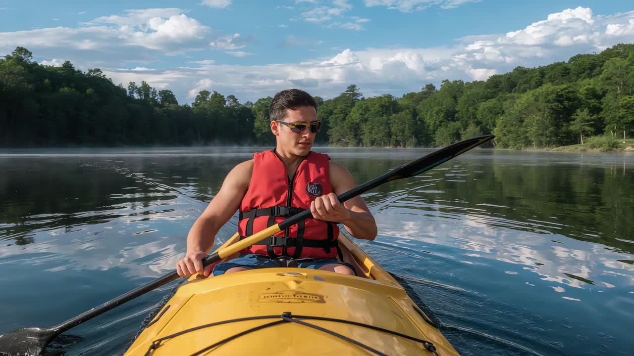 Hoja de siembra, kayakista masculino propulsando un kayak amarillo en un lago bordeado de árboles, con chaleco salvavidas rojo y gafas de sol