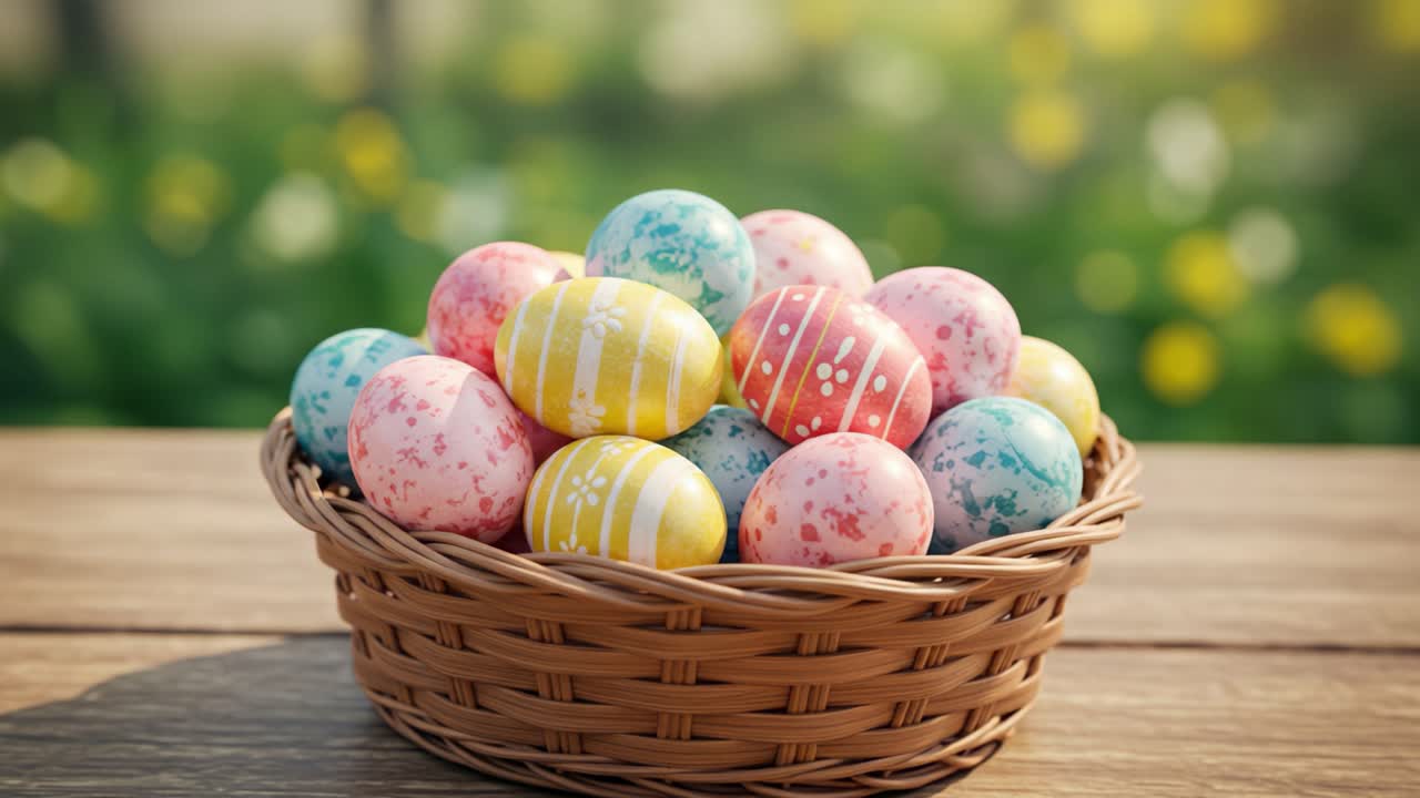 A Beautiful Basket of Colorful Easter Eggs Displayed Outdoors, Highlighting the Joy of Spring Celebrations with Vibrant and Decorative Designs on Each Egg