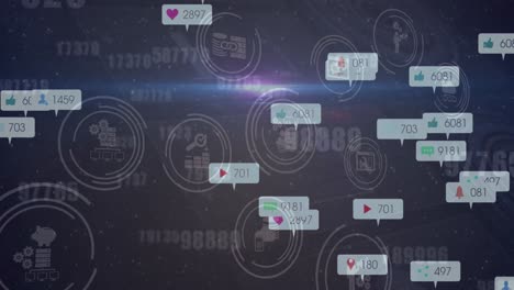 animación de la reacción de las redes sociales y los iconos tecnológicos en el espacio digital con números