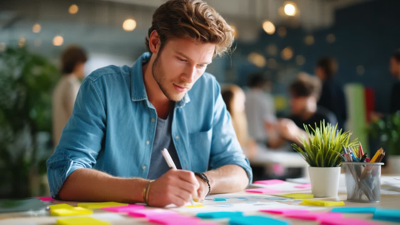 Creative Brainstorming Session Featuring a Young Man Engaged in Idea Generation with Colorful Sticky Notes on a Table Surrounded by a Dynamic Collaborative Workspace Atmosphere