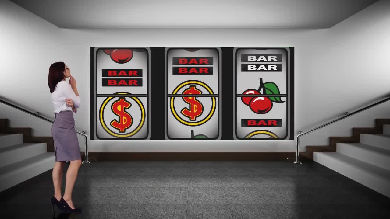 사업가 여성과 카지노 슬롯 머신의 디지털 복합화