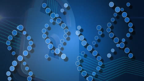 animation of dna strands spinning and data processing on blue background