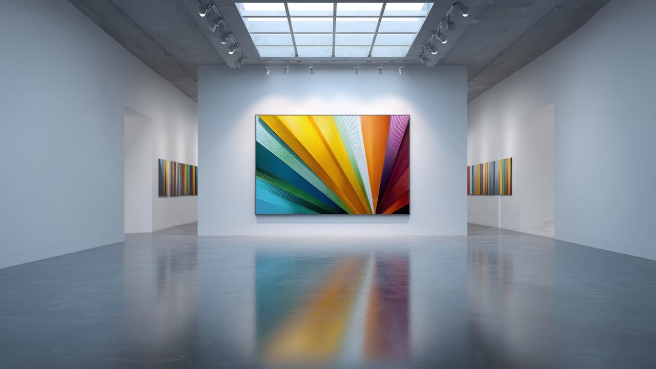 Vibrant Abstract Artwork in Modern Gallery Setting with Colorful Stripes Observed from Two Different Angles in an Art Exhibition Environment