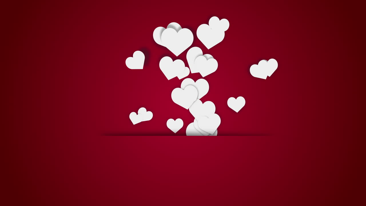Red background with flying white hearts up. Blank empty copy space for text, romantic inscriptions.