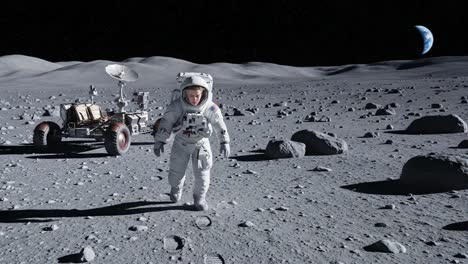 an astronaut explorers the lunar surface, showcasing space exploration alongside a rover under the glowing earth in the background
