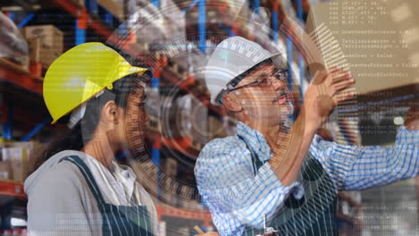 animación de escaneo de alcance y procesamiento de datos sobre hombre y mujer que trabajan en el almacén