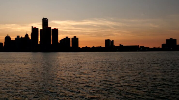 Panning Across Silhouetted Detroit Skyline