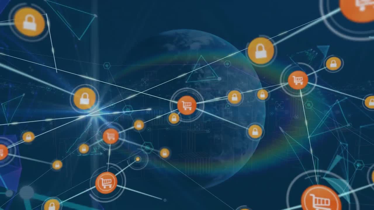 animación de la red de iconos digitales, redes de plexo y destello de la lente arco iris contra el globo giratorio.