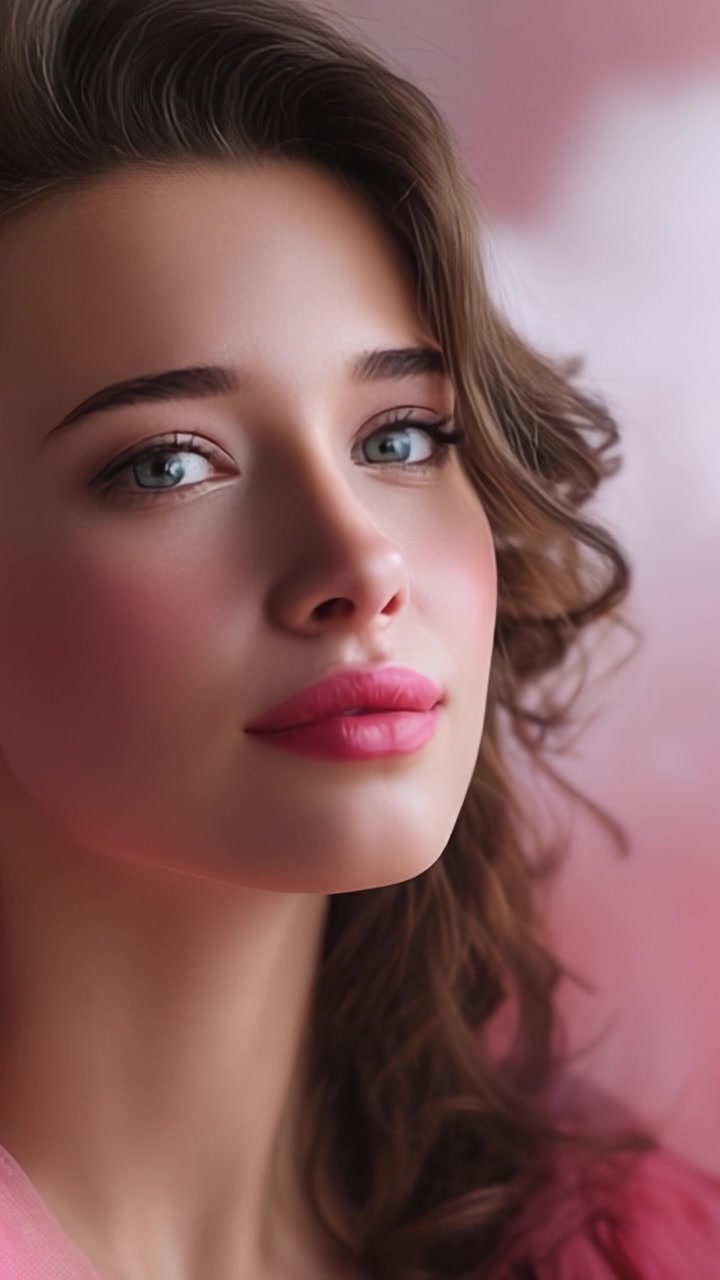 Ritratto accattivante di una donna con pelle radiosa e trucco leggero, che evidenzia i suoi lineamenti luminosi su uno sfondo rosa sognante
