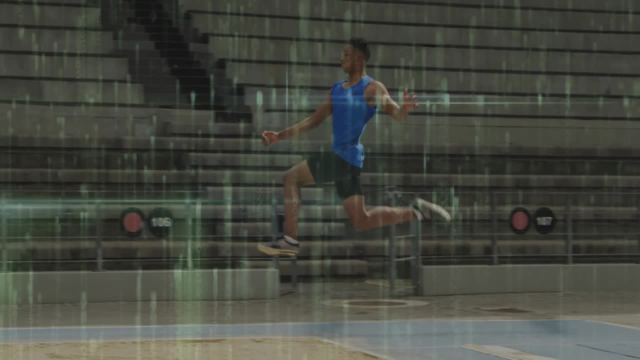 Track athlete sprinting runway planting foot on board jumping landing pit markers tracking distance