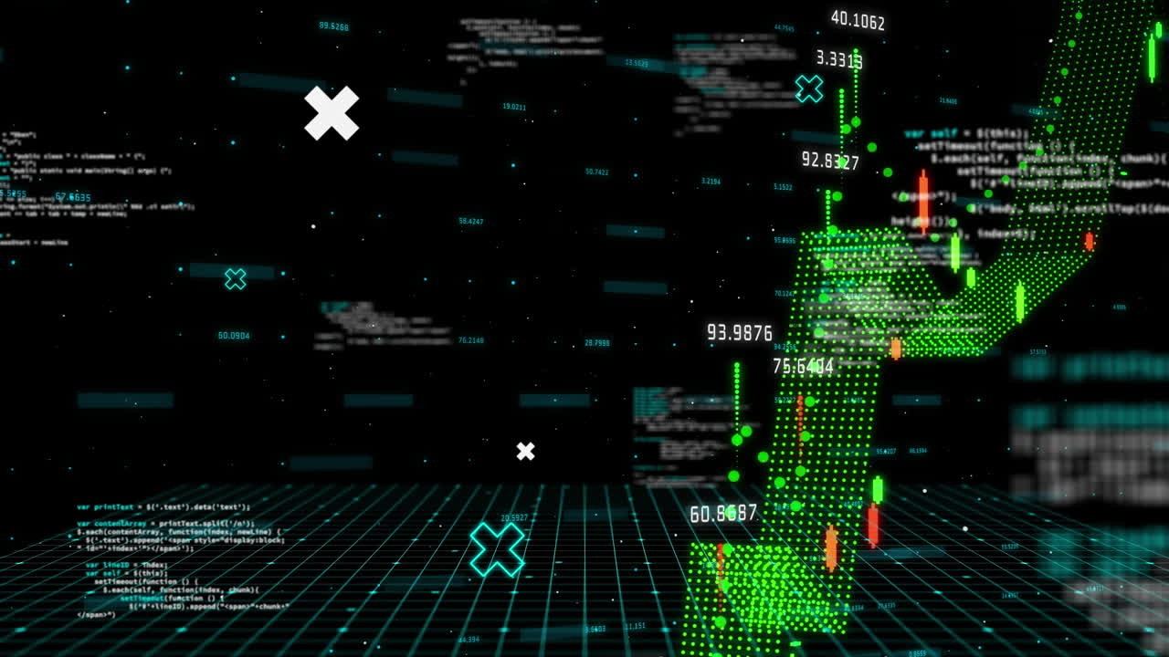 Animation of data processing and diagrams on black background