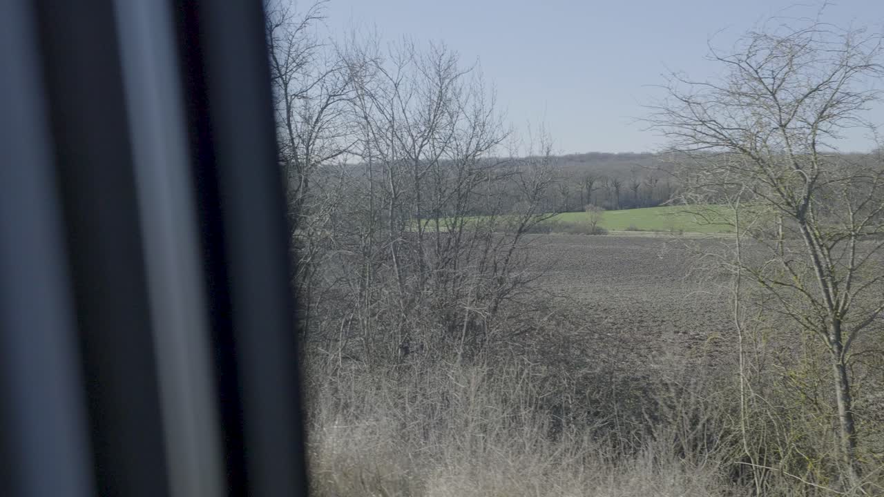 View from train window over green fields and woods, springtime and peaceful vibe