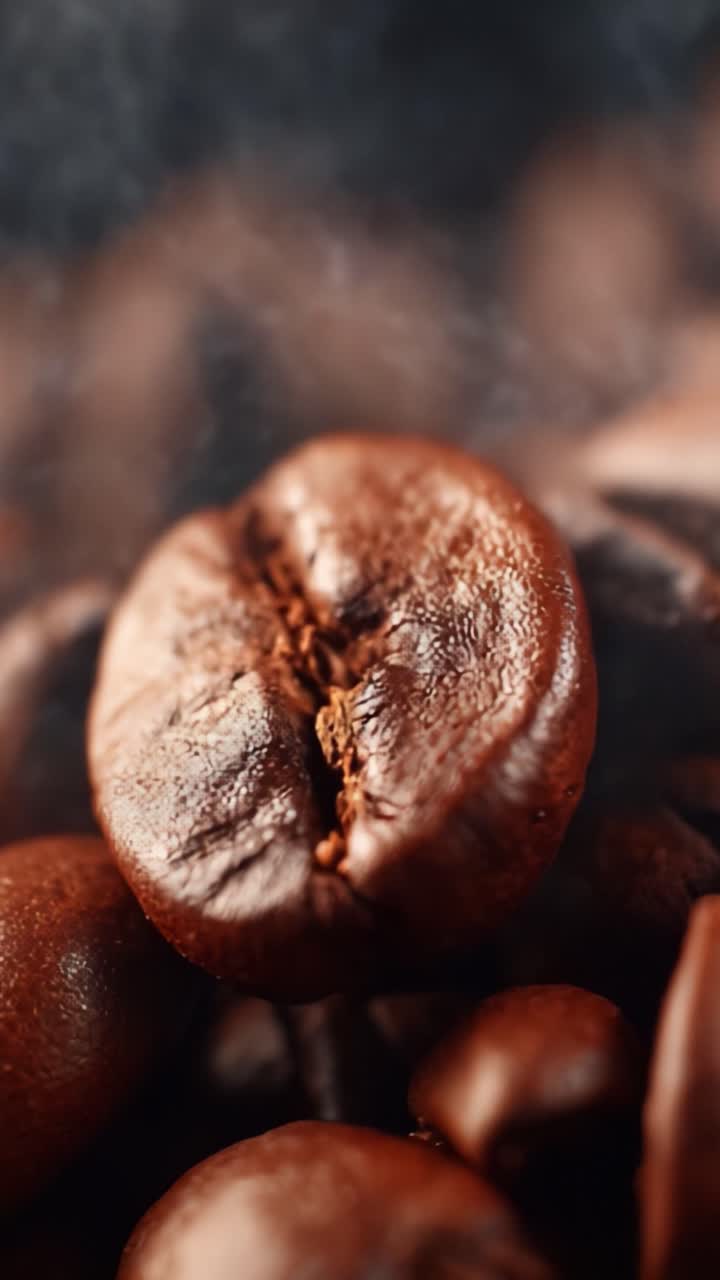 Fængslende Nærbillede af Rigt Ristede Kaffebønner, der Viser Deres Frodig Tekstur og Aromatiske Essens i en Indhyllet Atmosfære af Duft og Smag