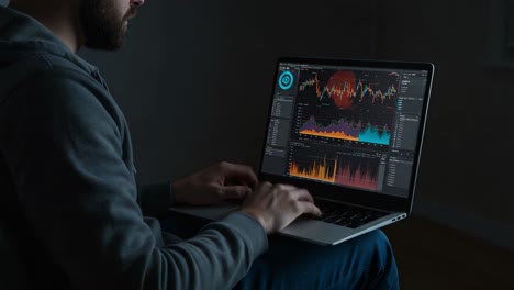 a focused individual analyzing data trends on a laptop with colorful graphs and charts in a dimly lit room, showcasing the importance of data analysis and observation