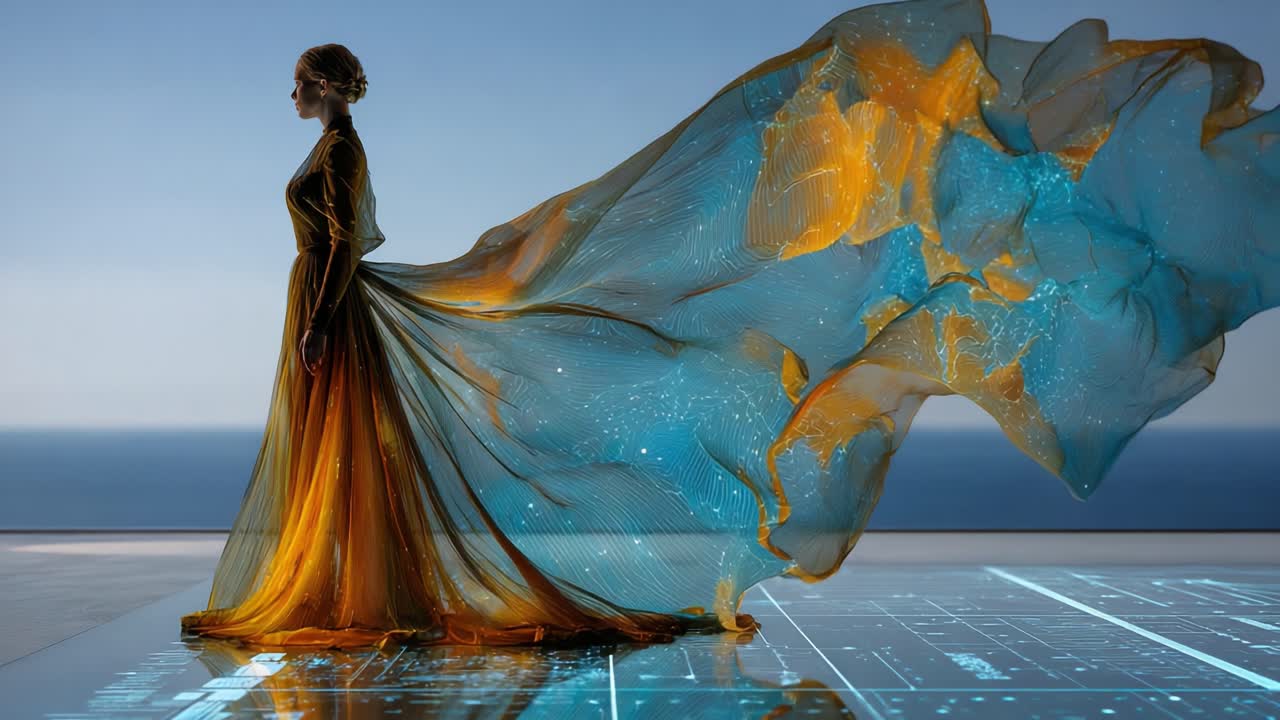 A Captivating Visual Journey Featuring a Graceful Figure in Flowing Fabric, Highlighting the Dynamic Interaction Between Elegance and Technology with a Stunning Blend of Colors Against a Serene Background