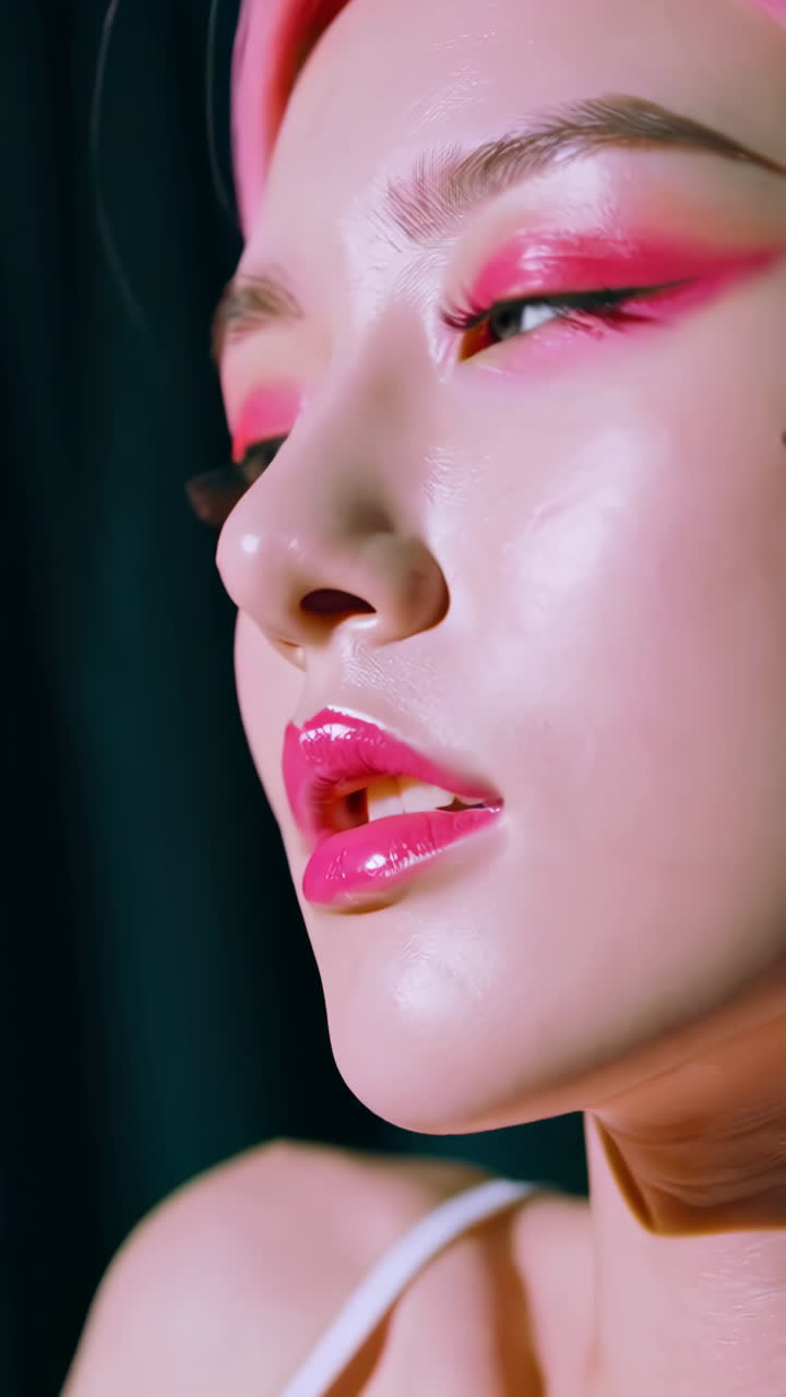 Close-up Portrait of a Woman with Pink Makeup and Hair