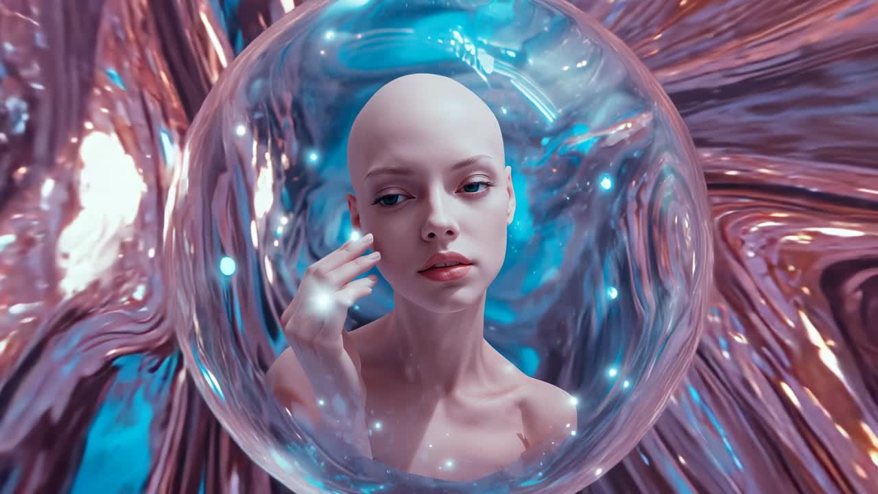 Camera zooming showing woman raising glowing fingers inside glass orb in metal lab sparking energy