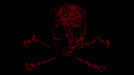 alarmante símbolo animado de piratería cibernética de cráneo y huesos cruzados con textura de código binario animado en un esquema de color rojo sobre un fondo negro