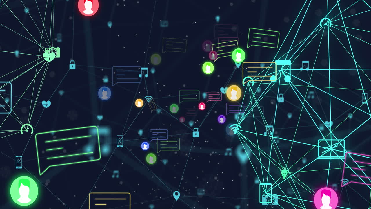 Animation of emoji icons over networks of connections on black background
