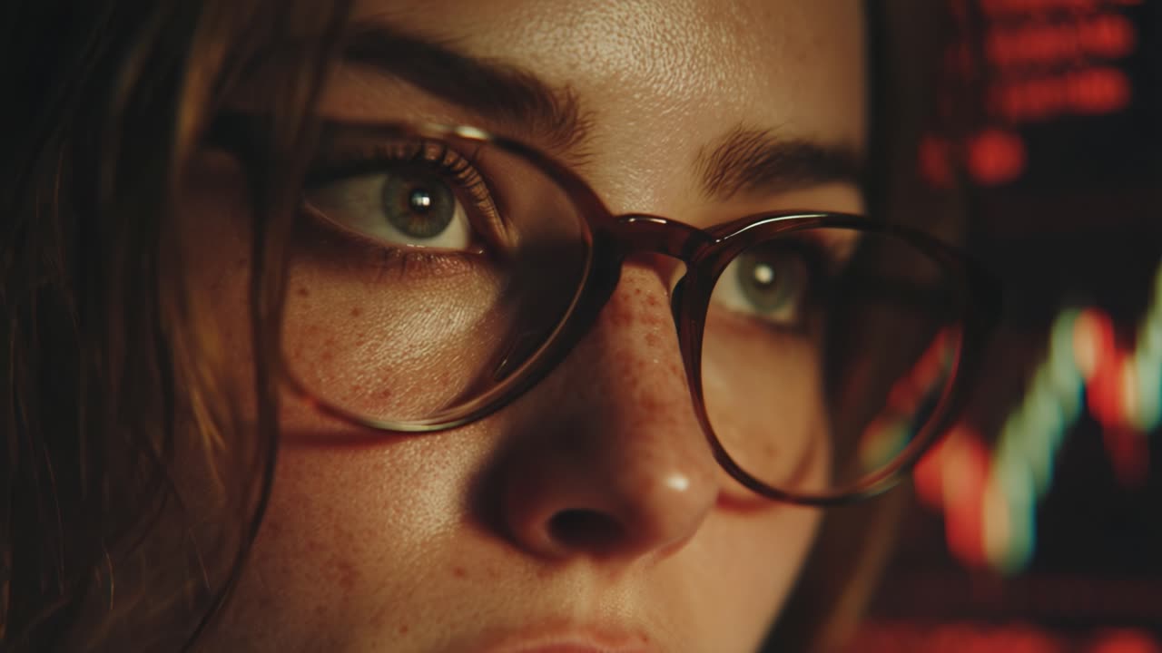 Focused gaze of a woman analyzing stock market data in a dimly lit environment, showcasing the importance of observation and analysis in financial investments
