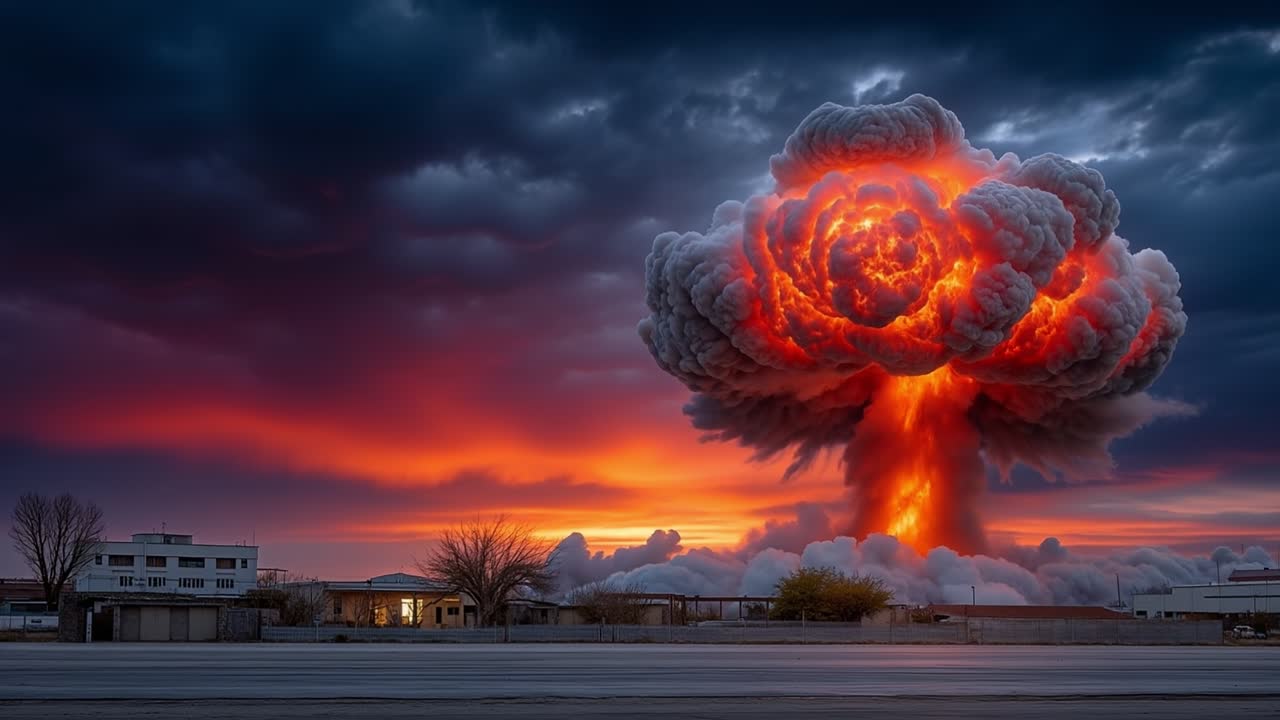 Mächtige Atombombenexplosion bildet eine riesige Feuerpilzwolke in einer dramatischen Sonnenuntergangshimmel-Umgebung.