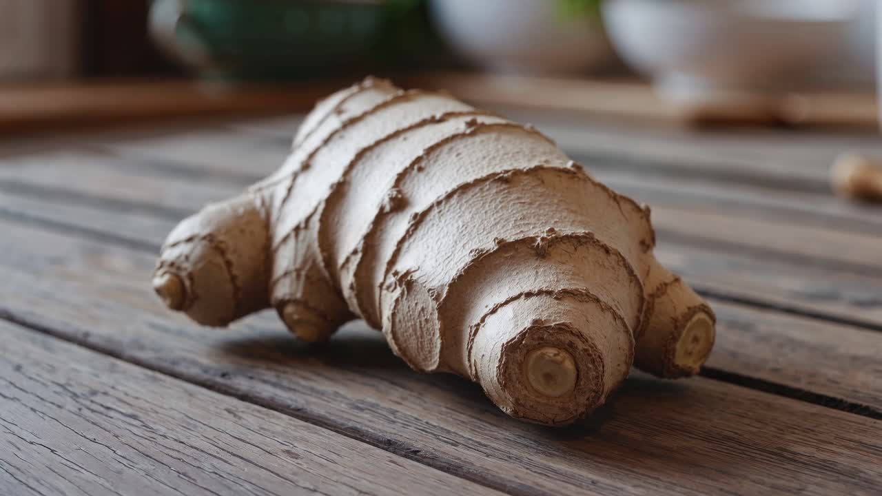 Primo piano di radice di zenzero fresca su un tavolo di legno rustico.