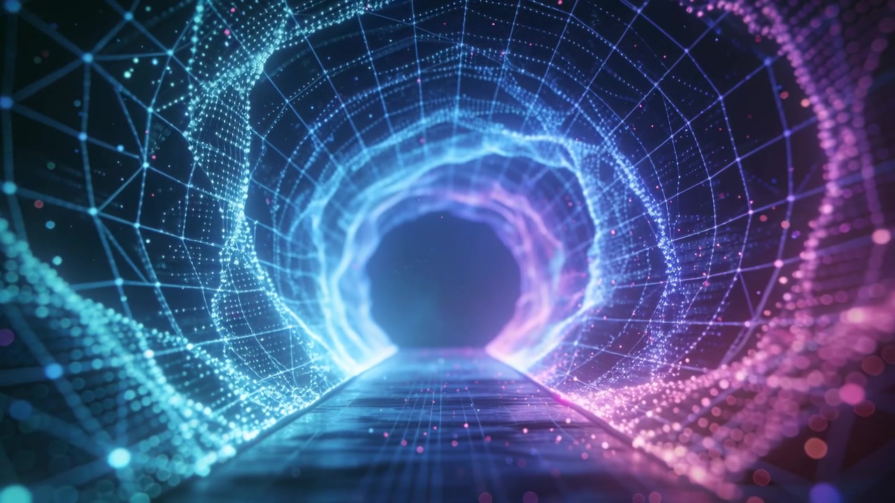 Inizio del movimento in avanti della telecamera, tunnel a rete luminoso che attira lo spettatore lungo una passerella verso un'apertura ad anello.