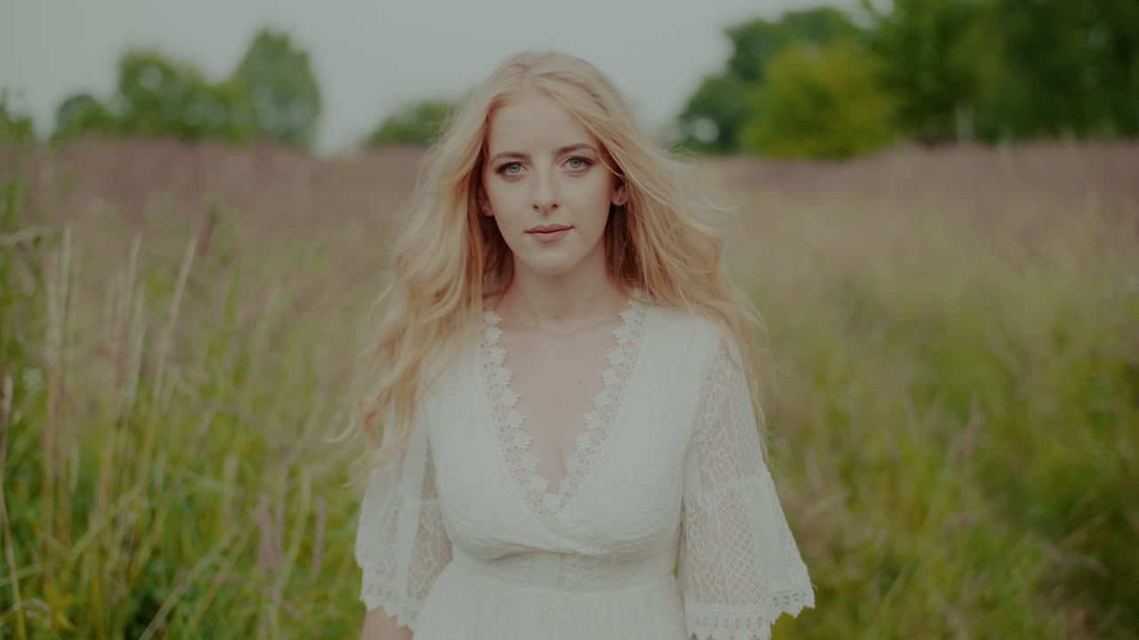 아름 다운 미소 금발 여자 걷고 카메라를 찾고 1