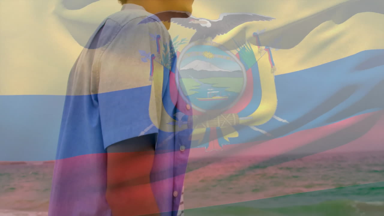 Walking on beach, person holding Ecuadorian flag with animation overlay