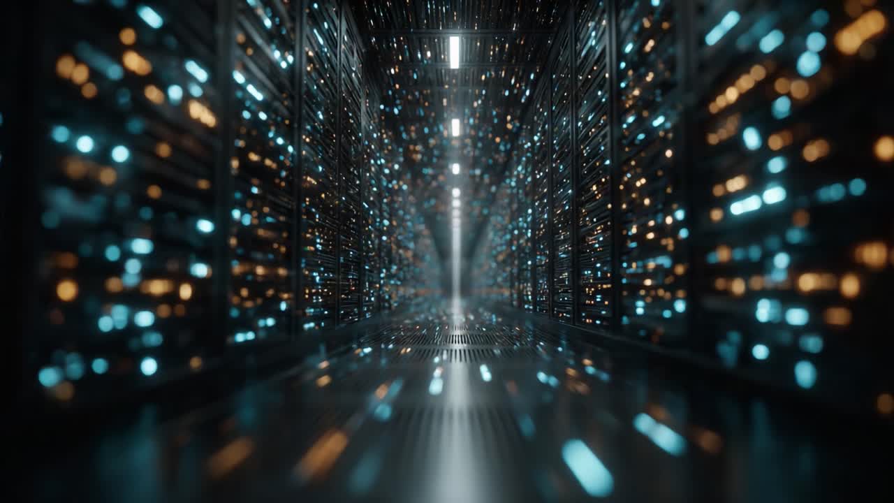 A Futuristic Data Center with Glowing Lights and a Bright Aisle, Highlighting the Advanced Technology and Connectivity of Modern Computing Infrastructure