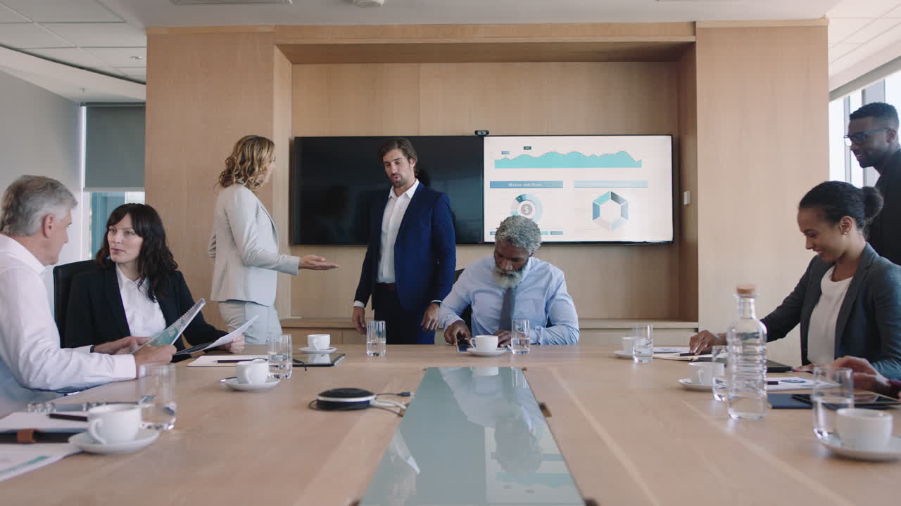 business people meeting shaking hands in boardroom preparing for conference collaborating with client shareholders planning partnership deal in corporate office