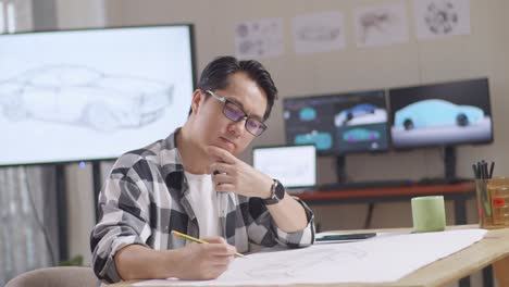 side view of asian male thinking about car concept then raising index finger while working on a car design sketch on table in the studio with tv and computers display 3d electric car model