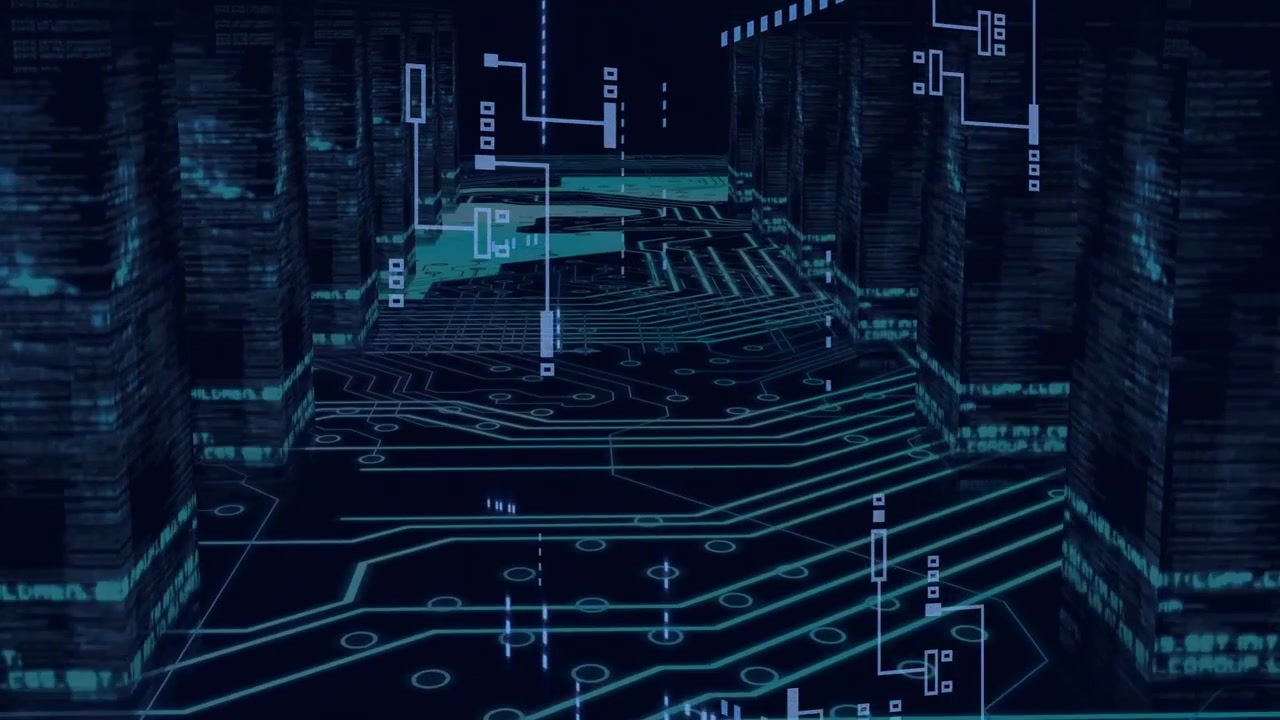 Animation of circuit board and digital data processing over computer servers